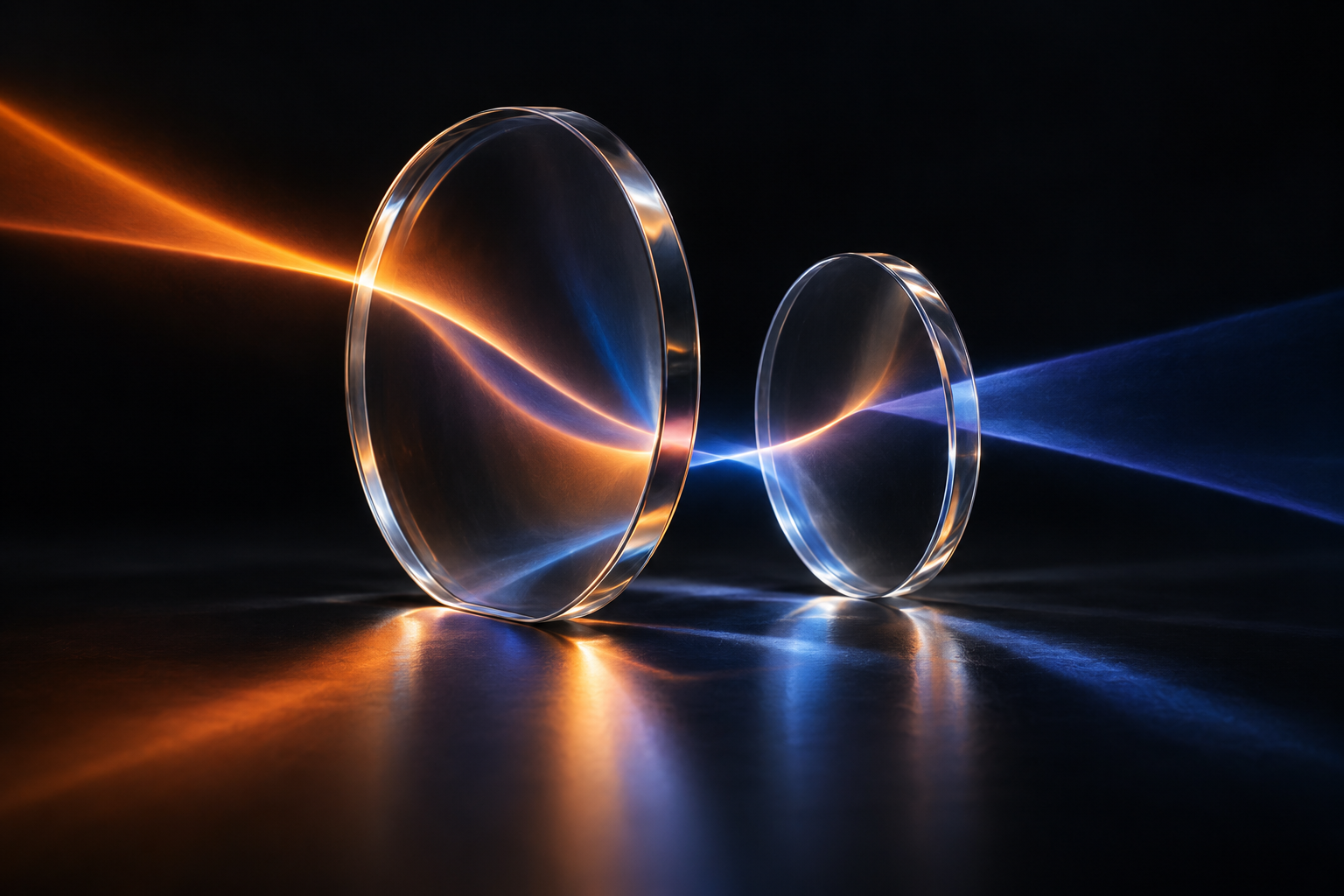 Due elementi ottici trasparenti attraversati da luce arancio e indaco